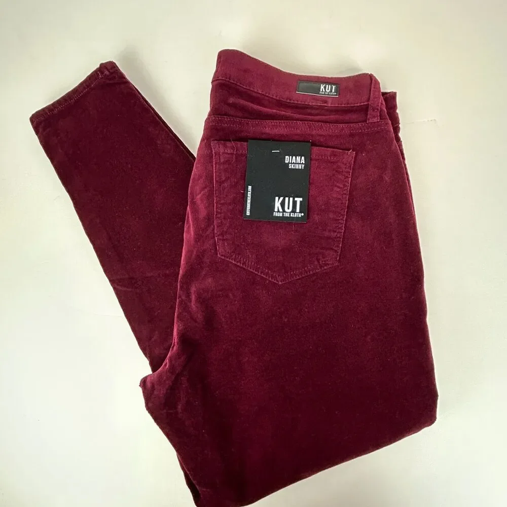Kut From The Kloth Diana Skinny Corduroy Pants Women's 14W Currant Dark Red NWT
